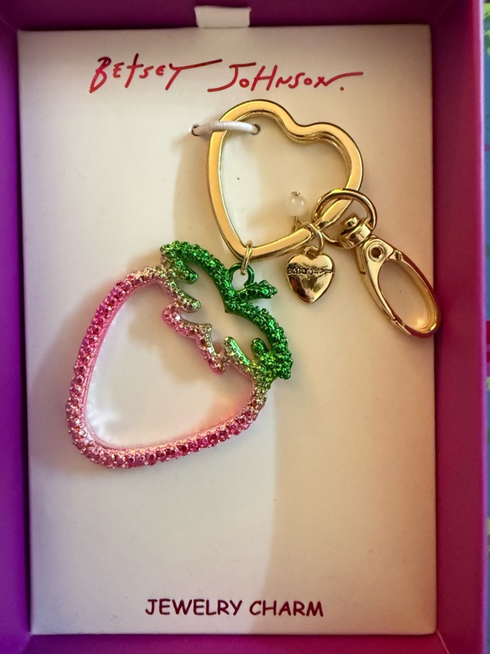 Betsey Johnson Pink & Green Strawberry Crystal Keychain Keyring